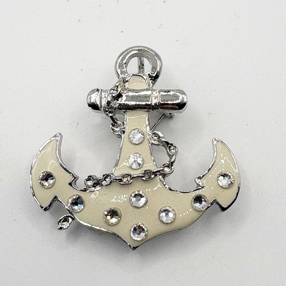 White Enamel Anchor Brooch Pin Pendant Nautical Boat Sequin Silver Tone 2014 FL
